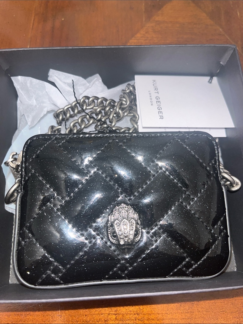Kurt Geiger Mini Black Quilted Patent Crossbody with Chain Strap Wallet Size.